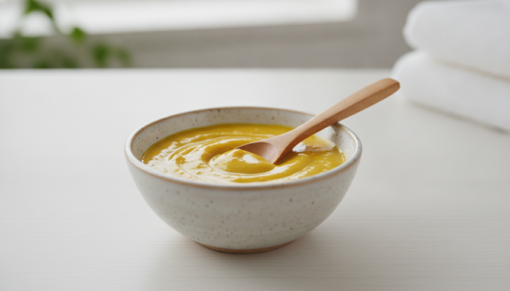 A small bowl containing a golden mixture of baby oil and turmeric powder with a tiny spoon resting in it The background 