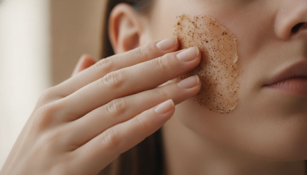 A close-up shot of hands gently applying a brown grainy Vaseline and coffee scrub to a person s cheek The skin looks cle