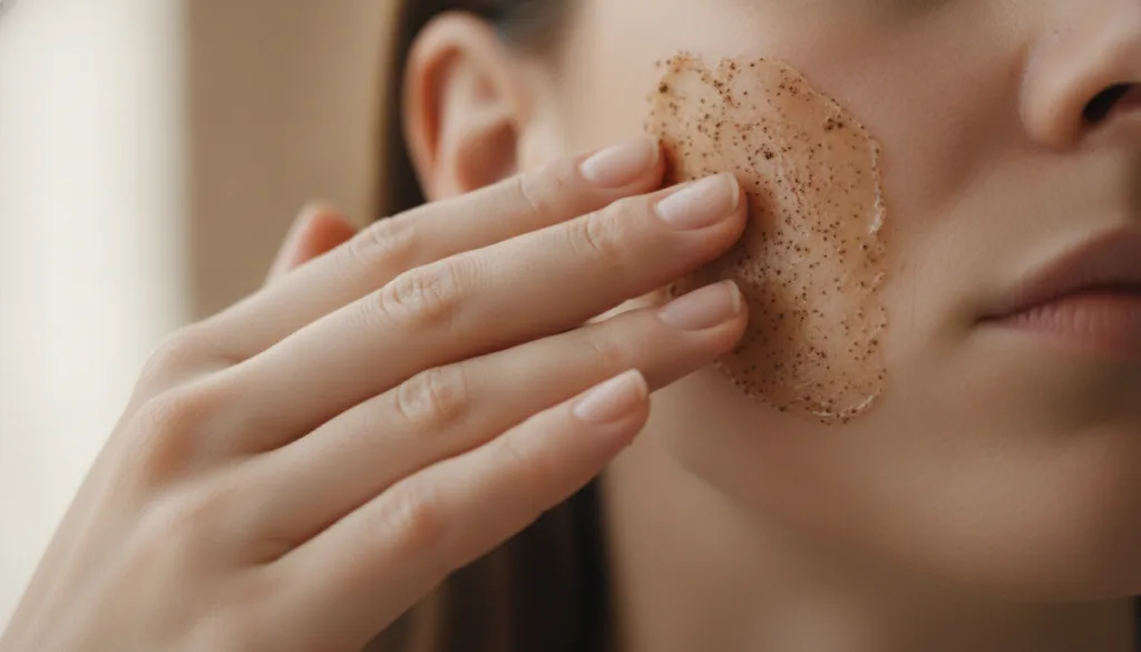 A close-up shot of hands gently applying a brown grainy Vaseline and coffee scrub to a person s cheek The skin looks cle