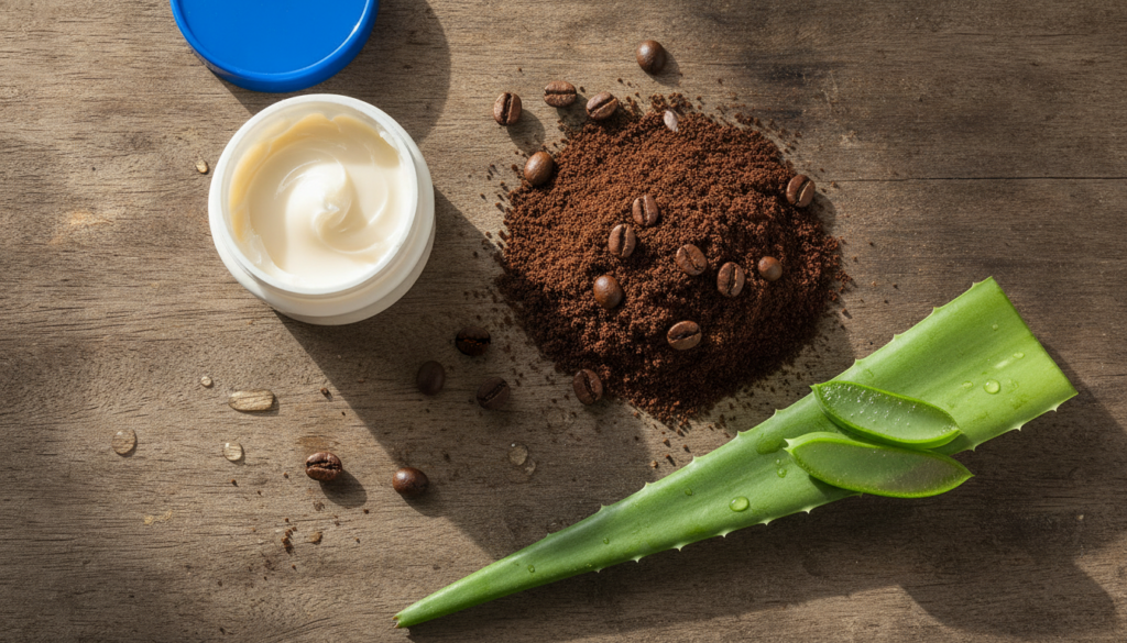 A collection of natural beauty ingredients a jar of Vaseline coffee beans and ground coffee and a fresh aloe vera leaf a