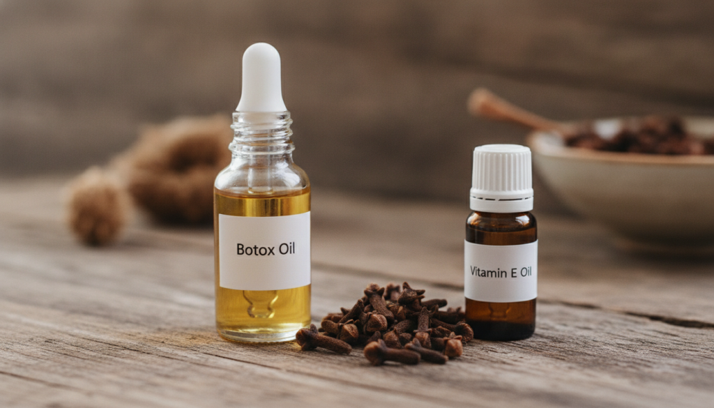 A small glass dropper bottle filled with golden-hued Botox oil positioned next to dried cloves and a small bottle of vit