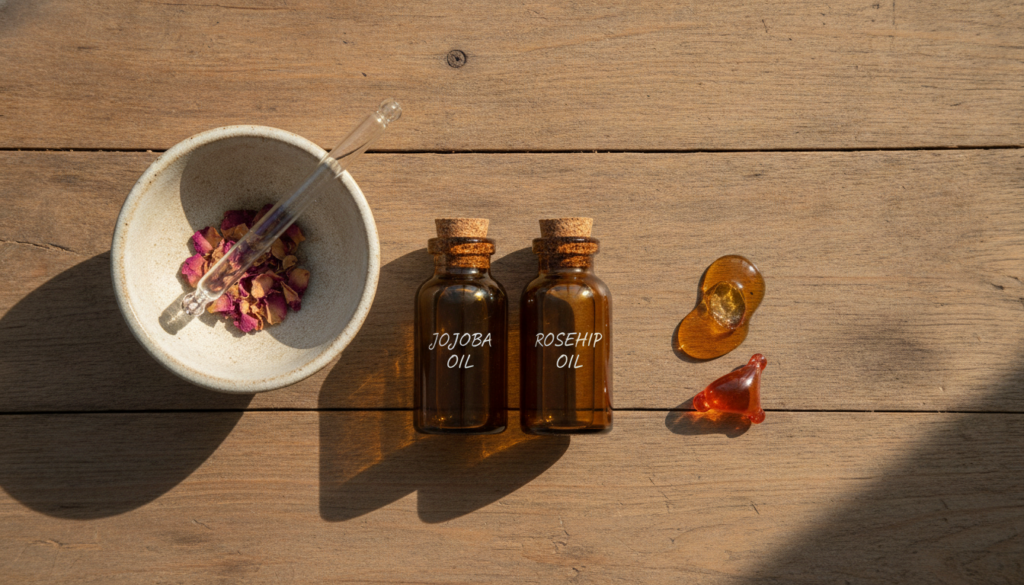 A flat lay of small glass bottles of jojoba oil and rosehip oil a small bowl a dropper and a punctured Vitamin E capsule
