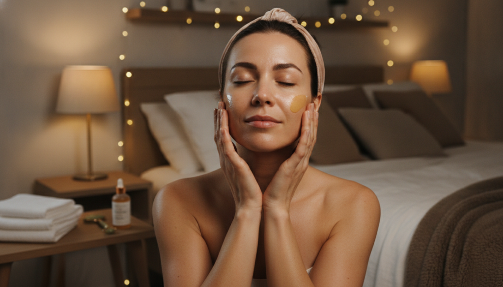 A woman with glowing skin gently massaging a natural oil blend onto her face during her nighttime routine in a cozy bedr