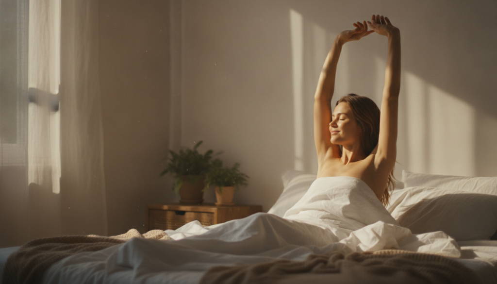 A woman waking up in a softly lit bedroom stretching slightly with a serene smile her skin appearing naturally radiant a