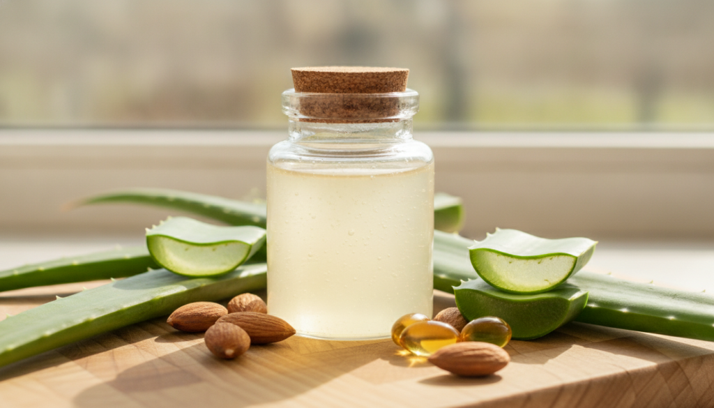 Close-up of a small glass jar filled with a homemade clear serum surrounded by aloe vera leaves almond nuts and vitamin 