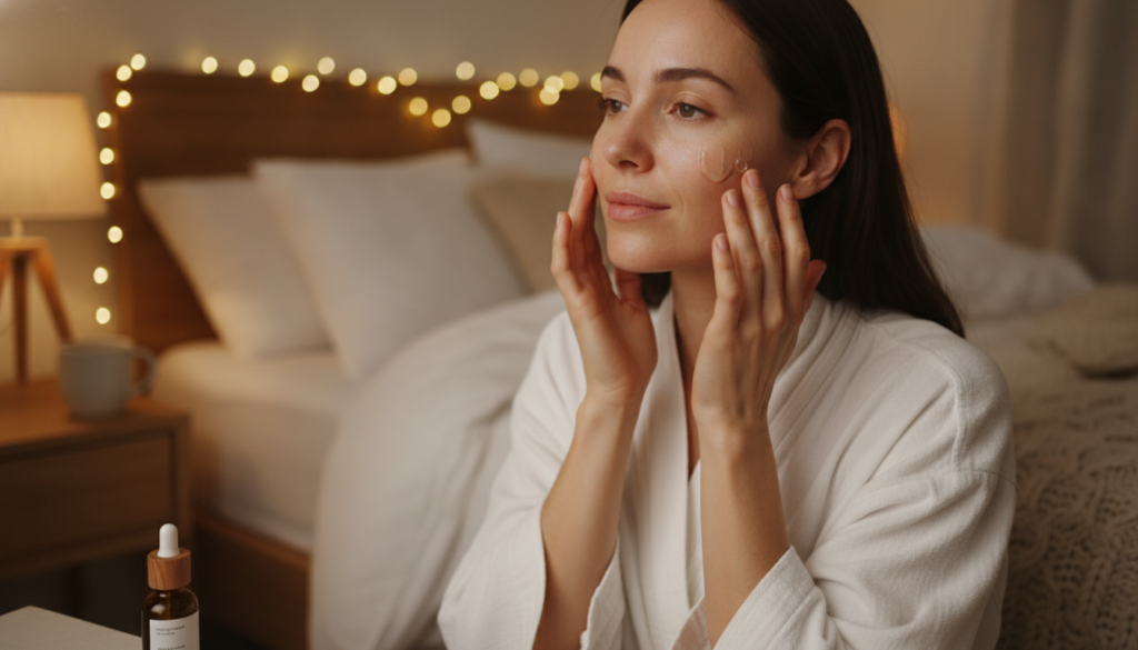 A woman applying a serum to her face at night with a soft glow in a cozy bedroom setting