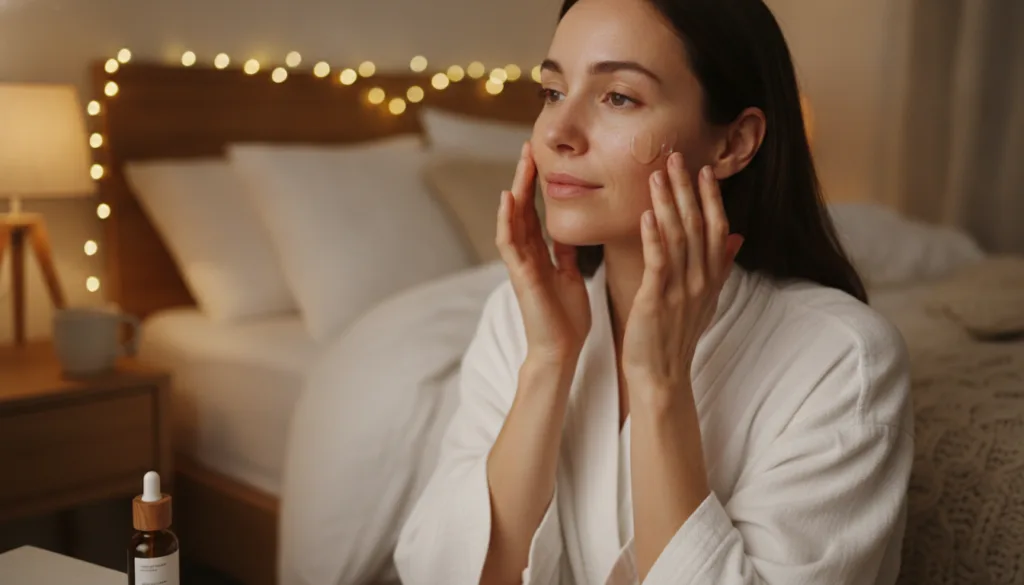 A woman applying a serum to her face at night with a soft glow in a cozy bedroom setting