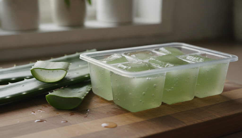 Close-up of fresh aloe vera leaves and prepared aloe vera gel cubes in an ice tray ready for freezing