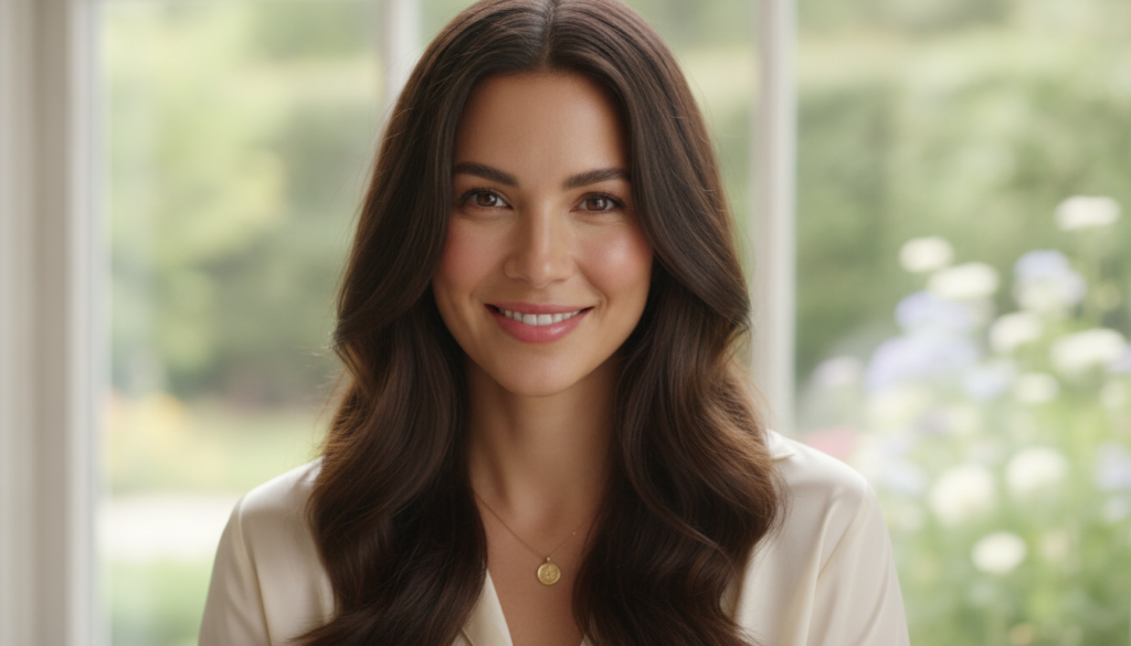 A person with healthy shiny hair smiling confidently perhaps after an aloe vera treatment