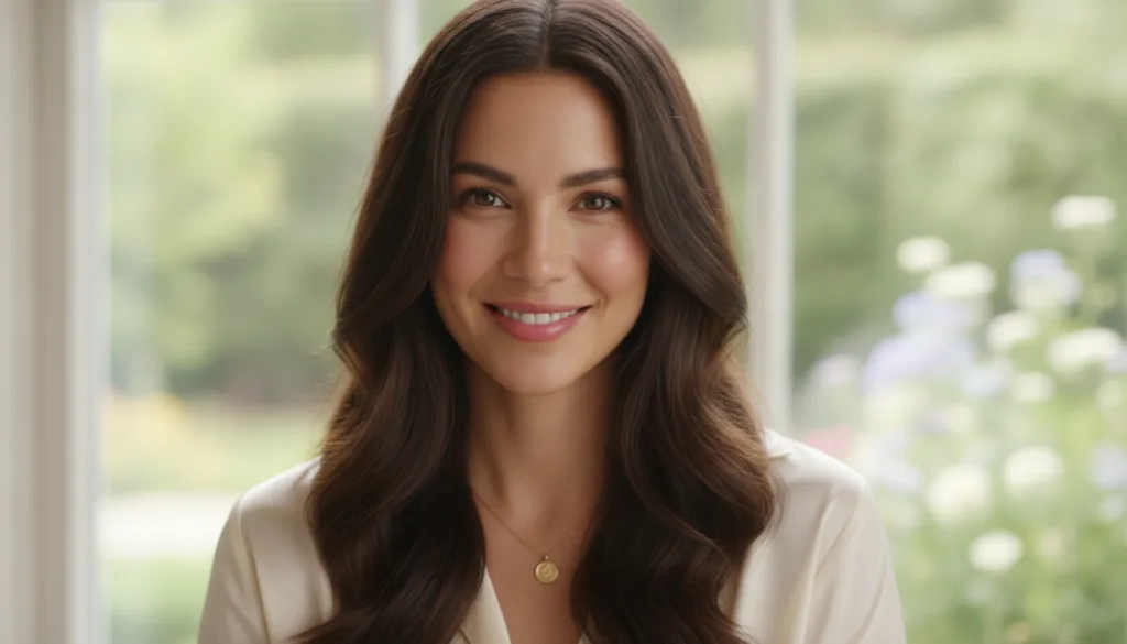 A person with healthy shiny hair smiling confidently perhaps after an aloe vera treatment