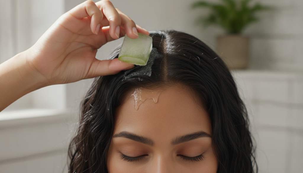 A person gently massaging a frozen aloe vera cube directly onto their scalp and hair showing a cooling and refreshing ap