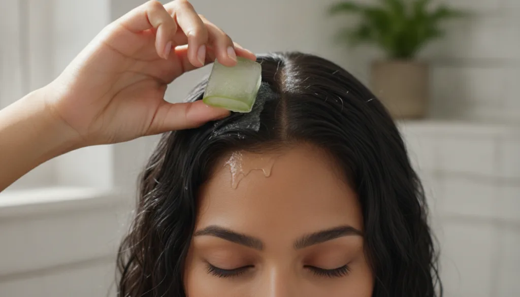 A person gently massaging a frozen aloe vera cube directly onto their scalp and hair showing a cooling and refreshing ap