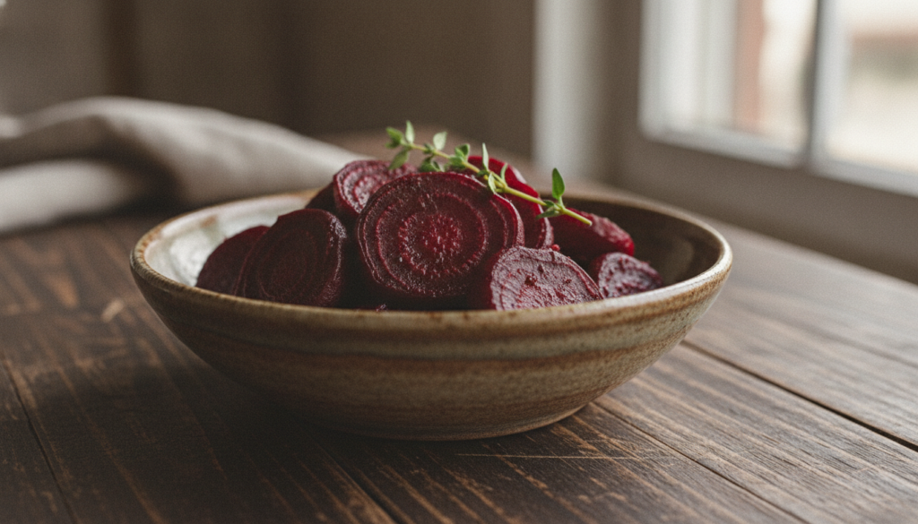 Sliced roasted beets in a small bowl garnished with fresh herbs against a dark wooden background The beets are deep red 
