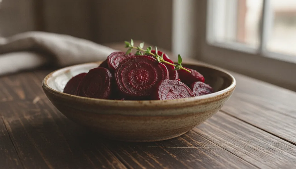 Sliced roasted beets in a small bowl garnished with fresh herbs against a dark wooden background The beets are deep red 