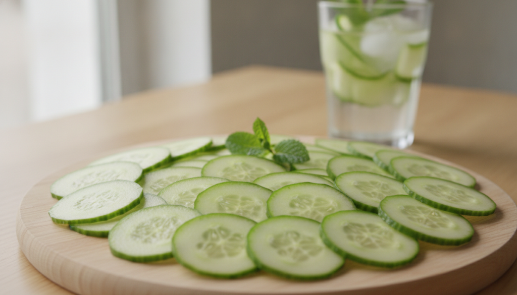 Fresh sliced cucumbers on a cutting board with a glass of cucumber-infused water in the background Bright natural light