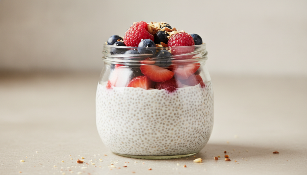 A glass jar of chia seed pudding topped with fresh berries and a sprinkle of nuts on a light background Healthy and appe