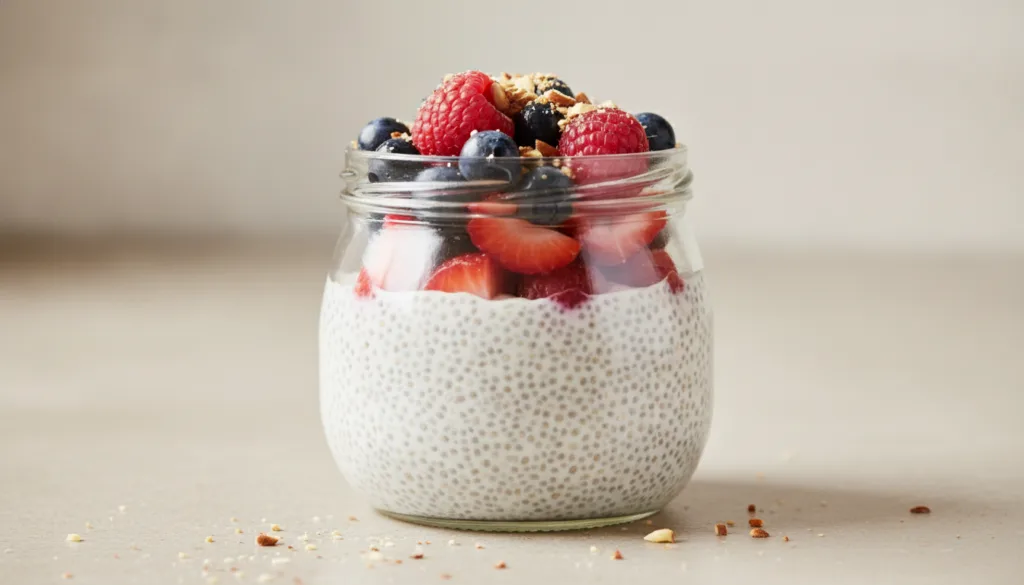 A glass jar of chia seed pudding topped with fresh berries and a sprinkle of nuts on a light background Healthy and appe