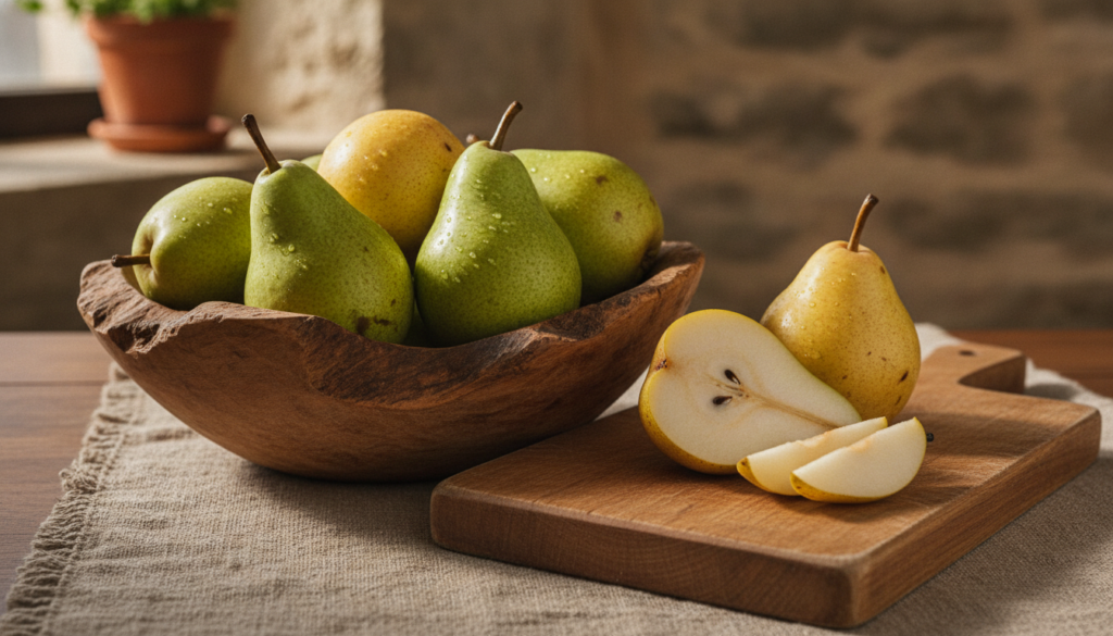 A pile of fresh ripe green and yellow pears in a wooden bowl with one pear sliced on a cutting board next to it Rustic n