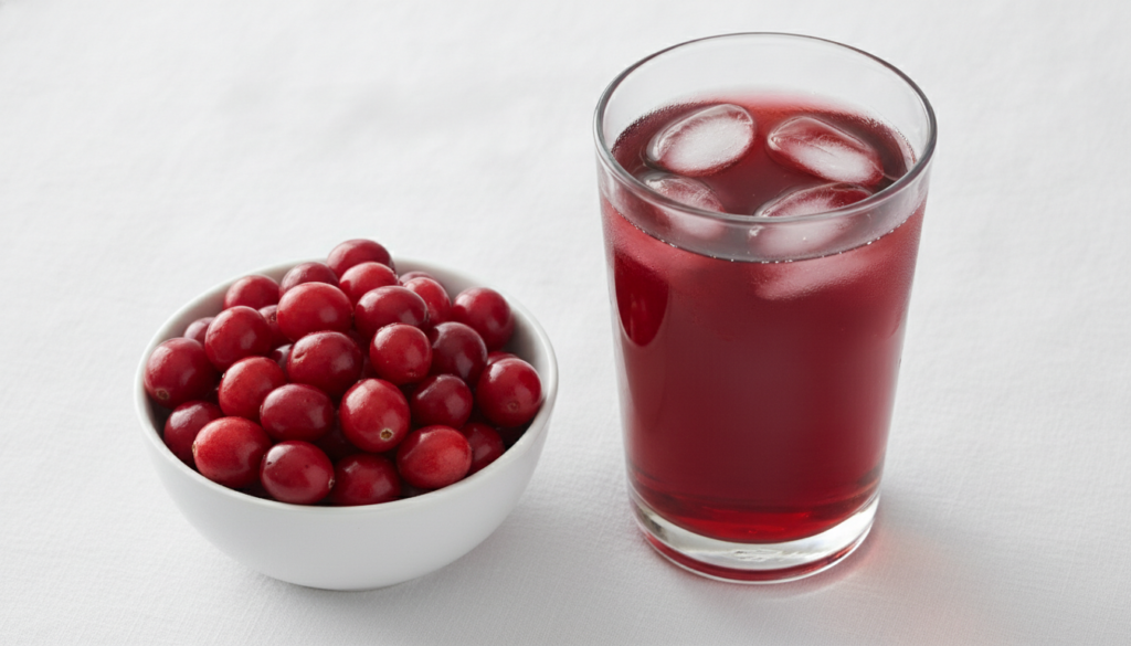 A bowl of fresh bright red cranberries next to a glass of cranberry juice Clean vibrant food photography