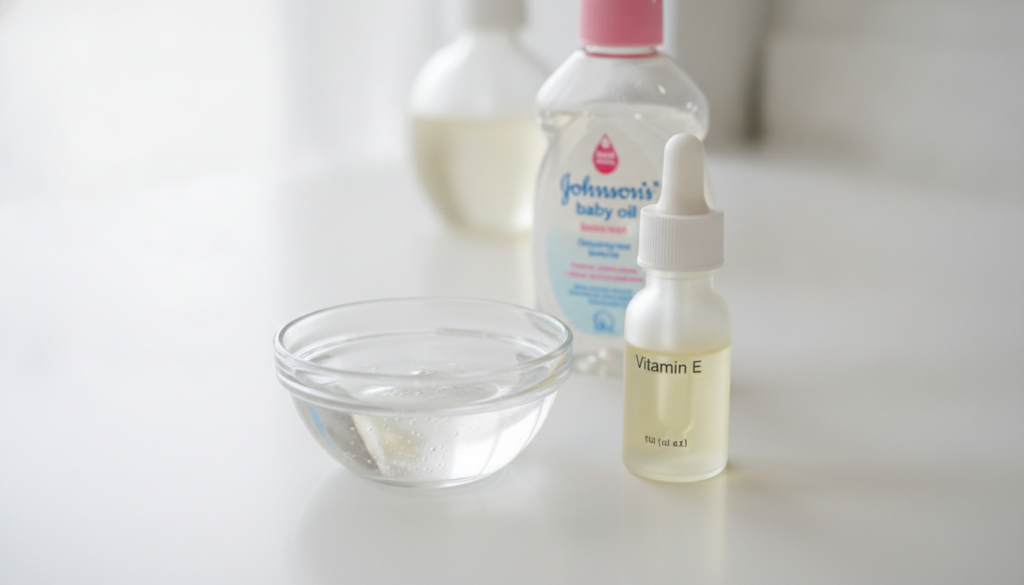 A small glass bowl with a mixture of baby oil and clear Vitamin E oil with a dropper bottle of Vitamin E and a classic J
