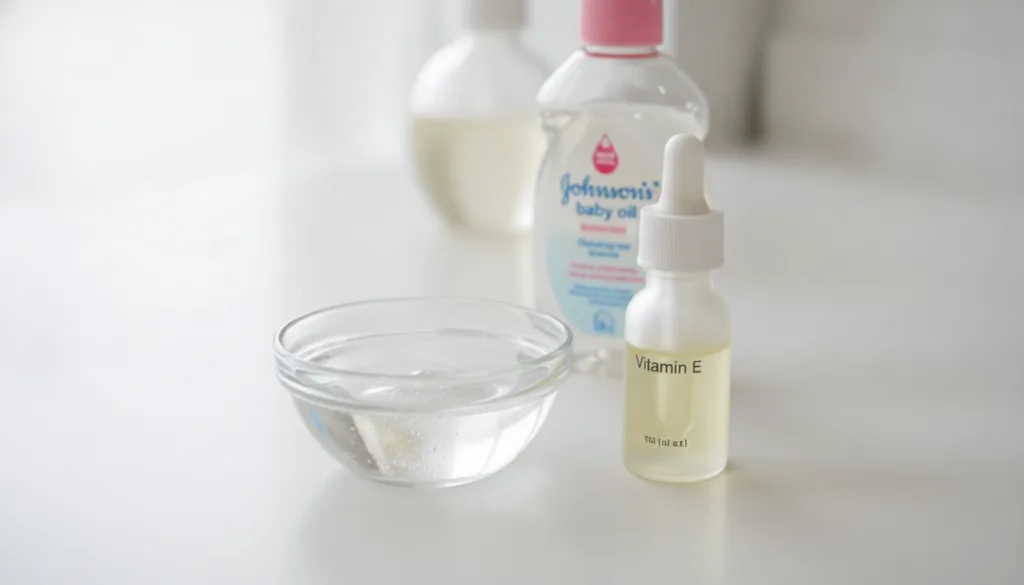 A small glass bowl with a mixture of baby oil and clear Vitamin E oil with a dropper bottle of Vitamin E and a classic J