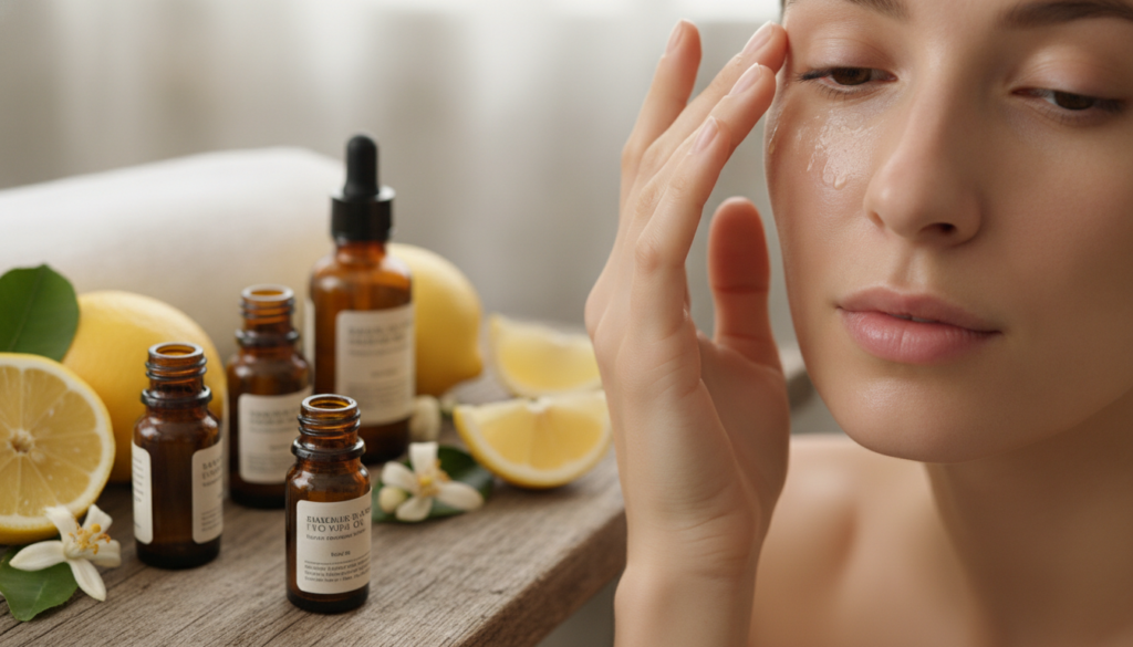 A close-up of a hand gently applying baby oil to a radiant face with soft natural light surrounded by small glass bottle