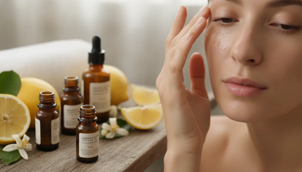 A close-up of a hand gently applying baby oil to a radiant face with soft natural light surrounded by small glass bottle