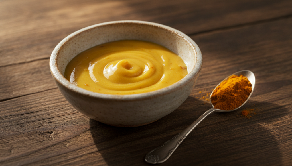 A small dish with a mixture of Vaseline and turmeric powder next to a spoon with a pinch of turmeric powder on a dark wo