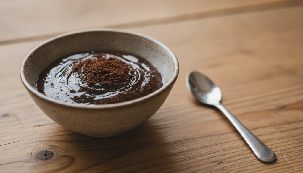 A close-up shot of a small bowl containing a mixture of Vaseline and coffee grounds with a tiny spoon next to it on a na