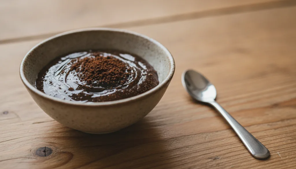 A close-up shot of a small bowl containing a mixture of Vaseline and coffee grounds with a tiny spoon next to it on a na