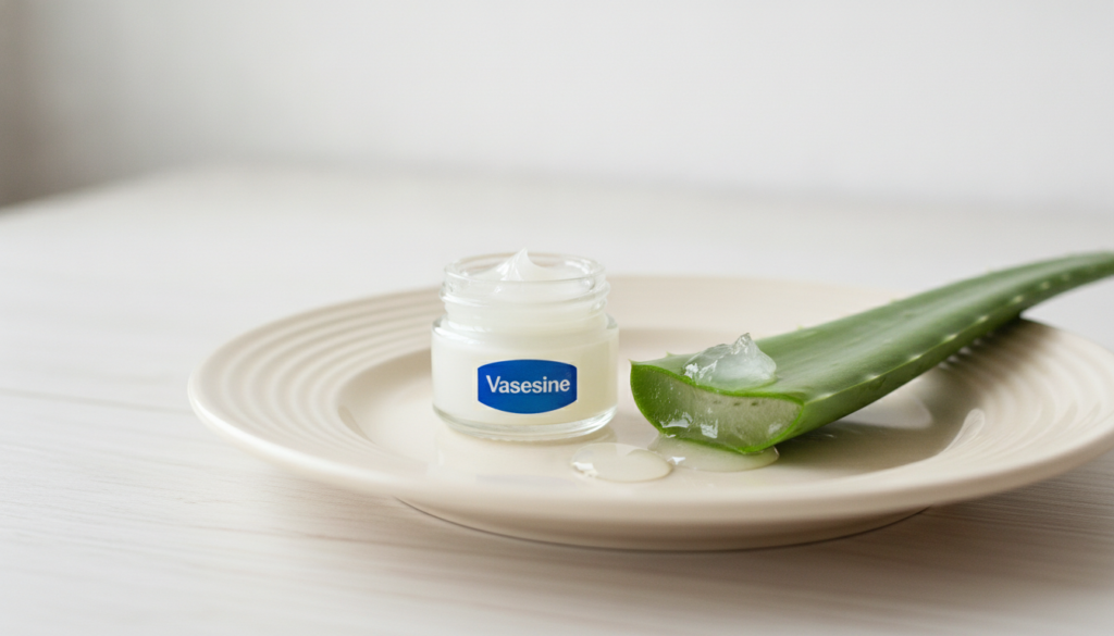 A small jar of Vaseline next to a cut aloe vera leaf with fresh gel exposed on a light-colored background