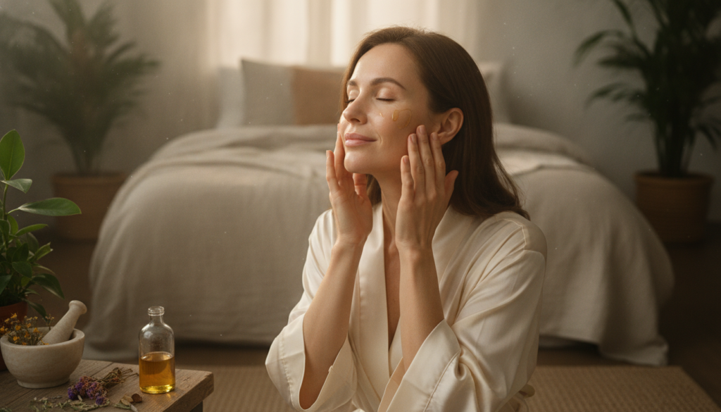 A beautiful woman gently applying a homemade facial oil to her glowing smooth skin at night with a soft warm light