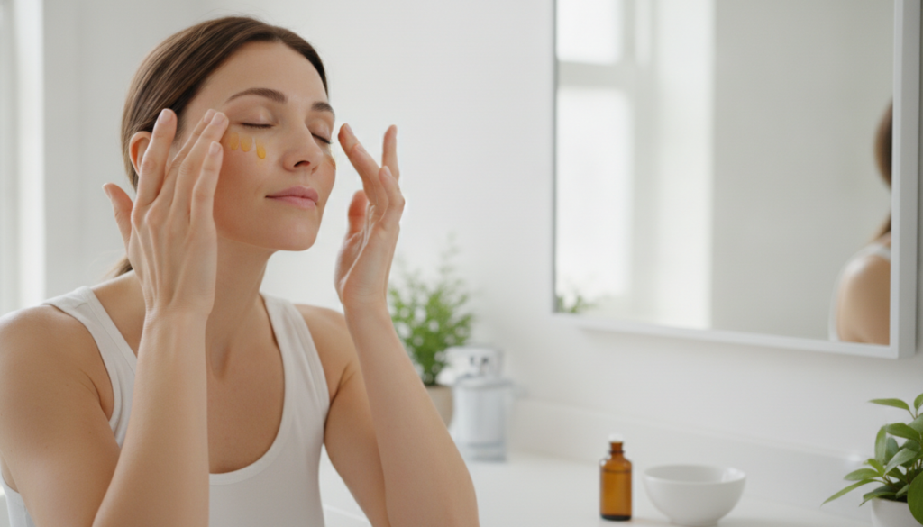 A woman demonstrating how to gently massage facial oil onto her face focusing on areas prone to wrinkles with a soft con