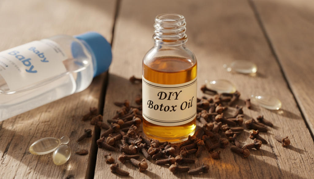 A close-up of a small glass bottle filled with golden Botox Oil surrounded by its natural ingredients baby oil whole clo