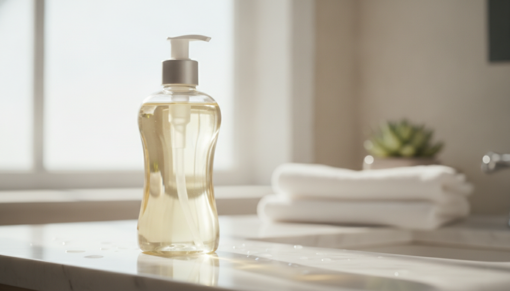 A sleek bottle of baby oil prominently displayed on a clean bright bathroom counter with soft light reflecting off its s