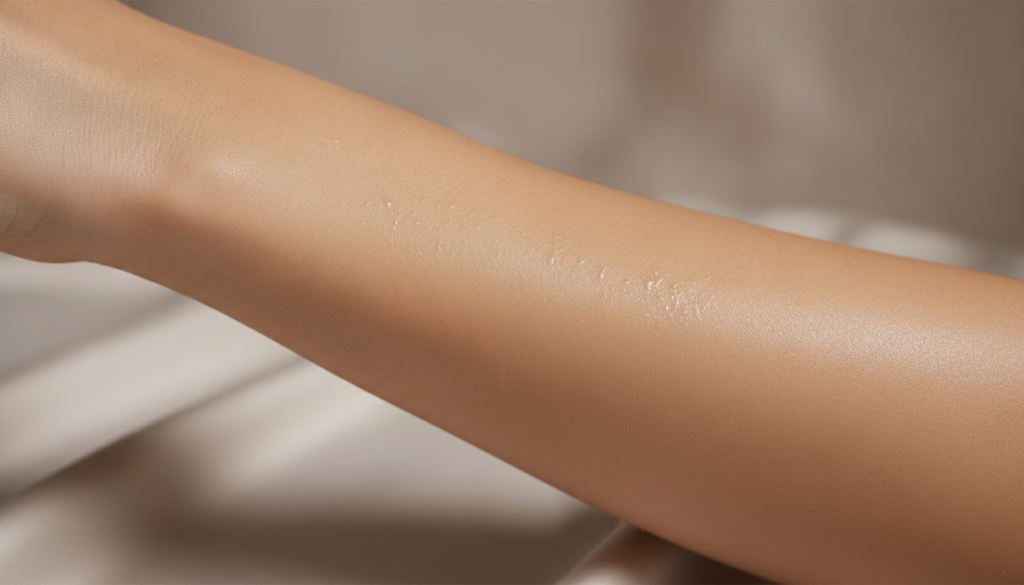 A woman s arm with visibly glowing moisturized skin lightly enhanced with a subtle sheen from baby oil