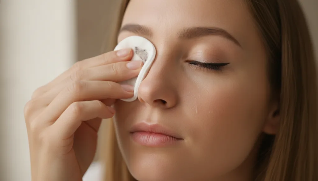 A woman gently wiping away eye makeup with a cotton pad soaked in baby oil showcasing clean fresh skin beneath