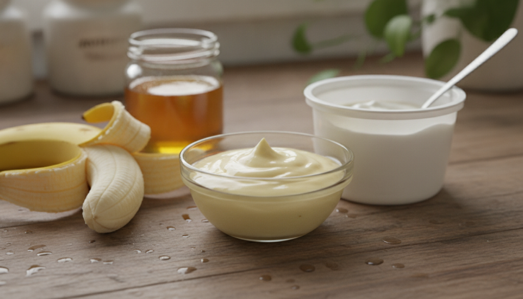 Close-up of a small glass bowl filled with the homemade creamy yellow mask surrounded by a ripe banana a jar of honey an
