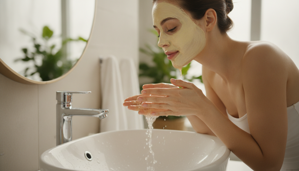 A woman gently rinsing a creamy yellow mask off her face and neck with lukewarm water over a sink
