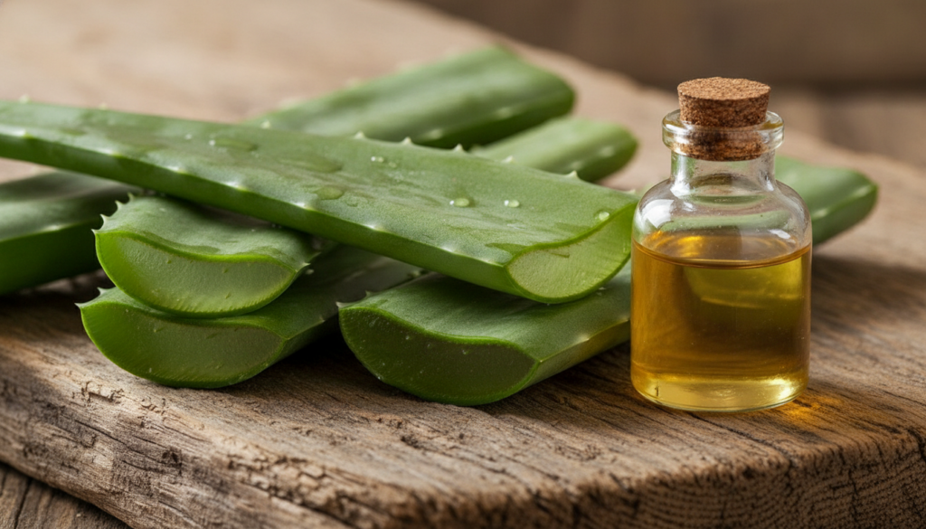 A close-up of fresh aloe vera leaves and a small bottle of sweet almond oil on a rustic wooden surface with soft natural