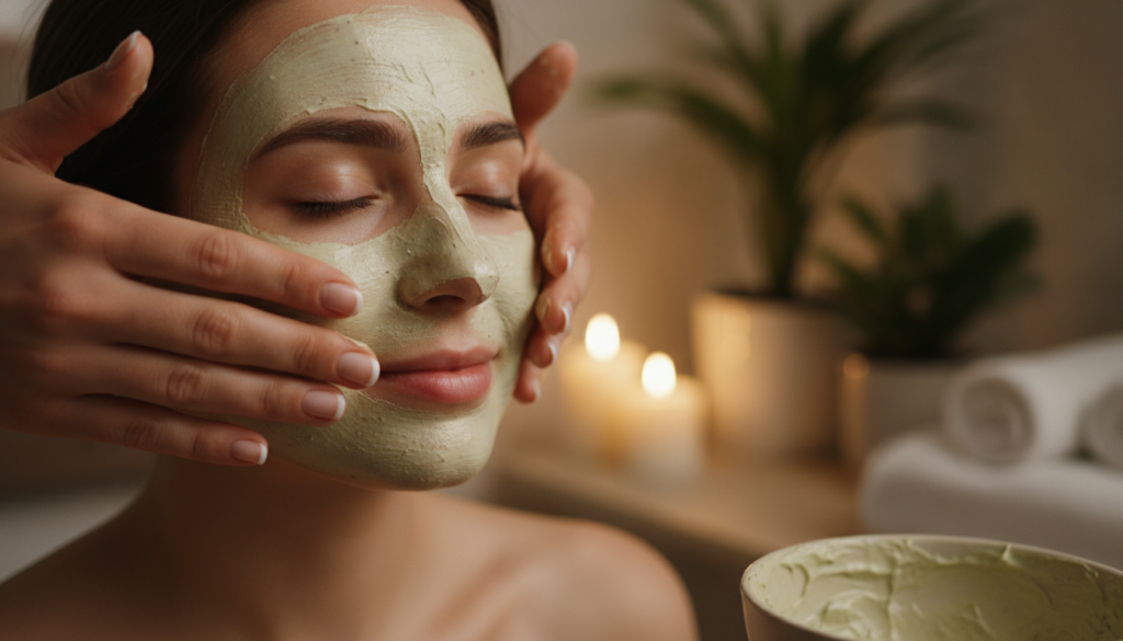 Hands gently massaging a creamy homemade face blend onto clean skin during a nighttime routine soft focus on the face