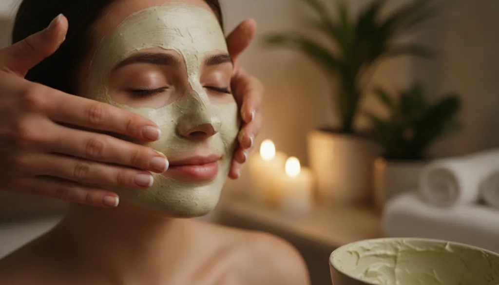 Hands gently massaging a creamy homemade face blend onto clean skin during a nighttime routine soft focus on the face