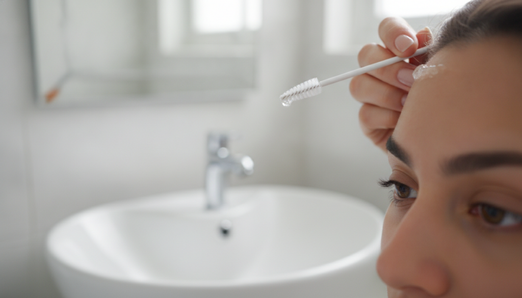 A person demonstrating applying homemade flaxseed gel to their eyebrow with a clean spoolie brush