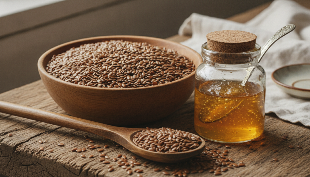 A close-up shot of dry flaxseeds in a wooden bowl with a spoon next to a small glass jar of homemade flaxseed gel