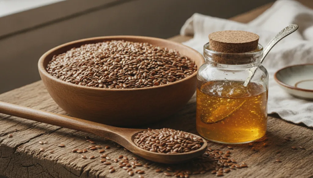 A close-up shot of dry flaxseeds in a wooden bowl with a spoon next to a small glass jar of homemade flaxseed gel