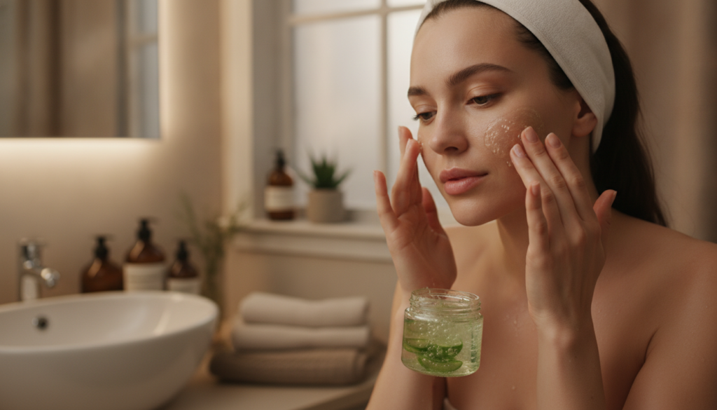 A woman gently applying a clear homemade gel to her clean face in a soft evening light emphasizing a peaceful nighttime
