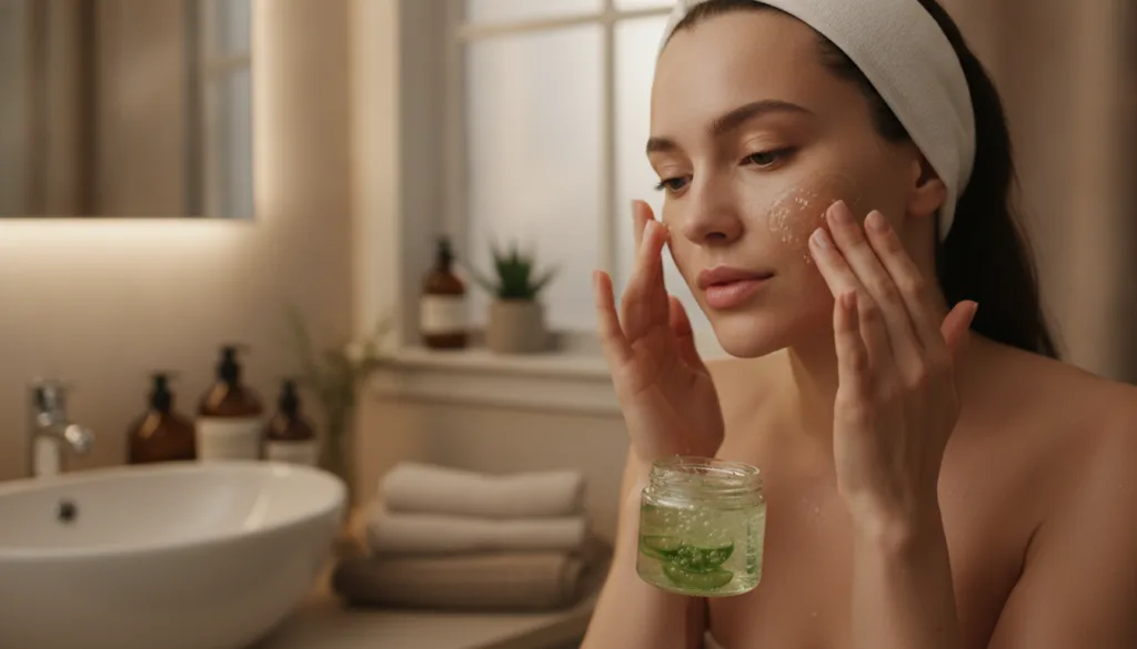 A woman gently applying a clear homemade gel to her clean face in a soft evening light emphasizing a peaceful nighttime 