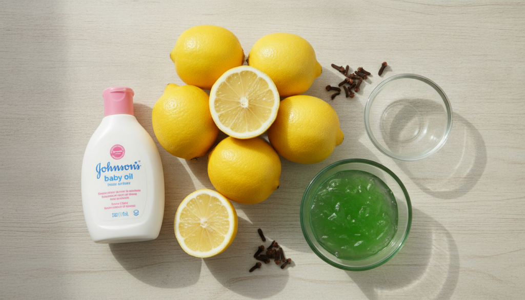 A flat lay of ingredients for a DIY beauty recipe fresh lemons a bottle of Johnson s baby oil whole cloves and a clear b