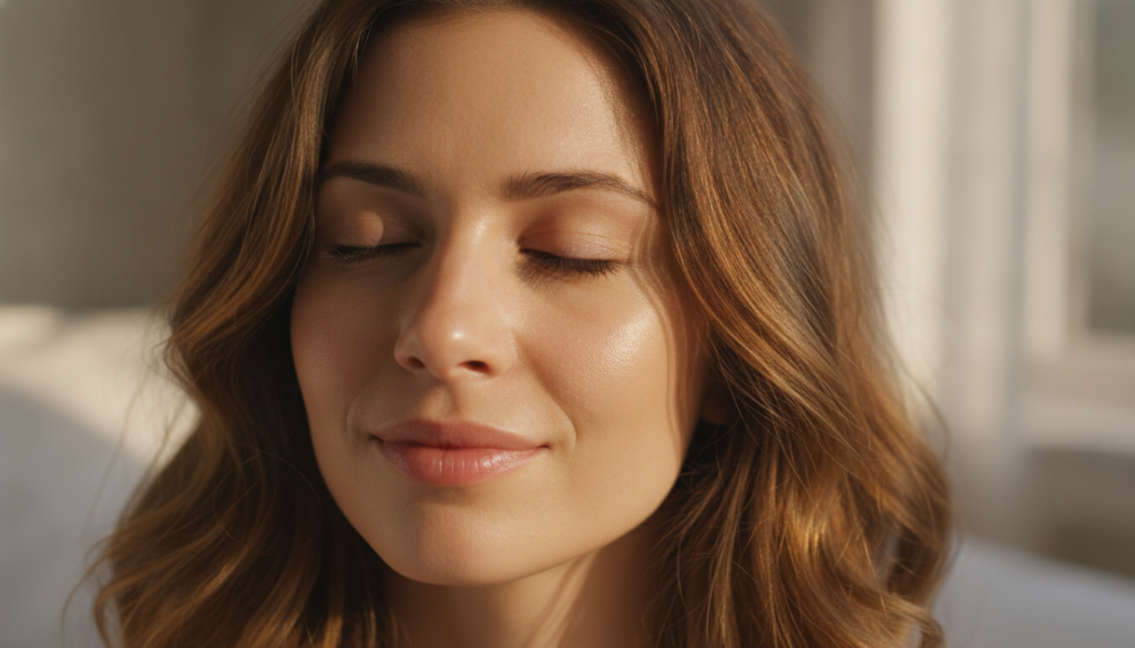 A close-up of a woman s radiant smooth skin after a night of beauty sleep with a soft dewy glow showcasing the results o