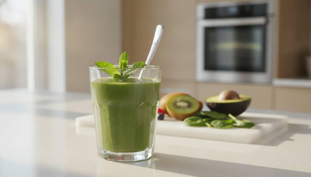 A glass of vibrant green smoothie with a spoon in it garnished with fresh mint suggesting the beauty powder mixed into a